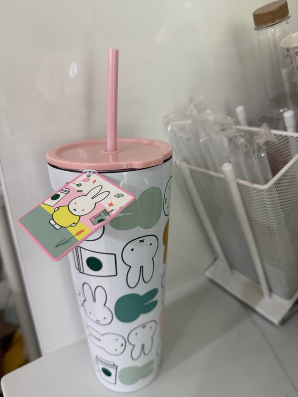 miffy Pink and White Bunny Straw Tumbler